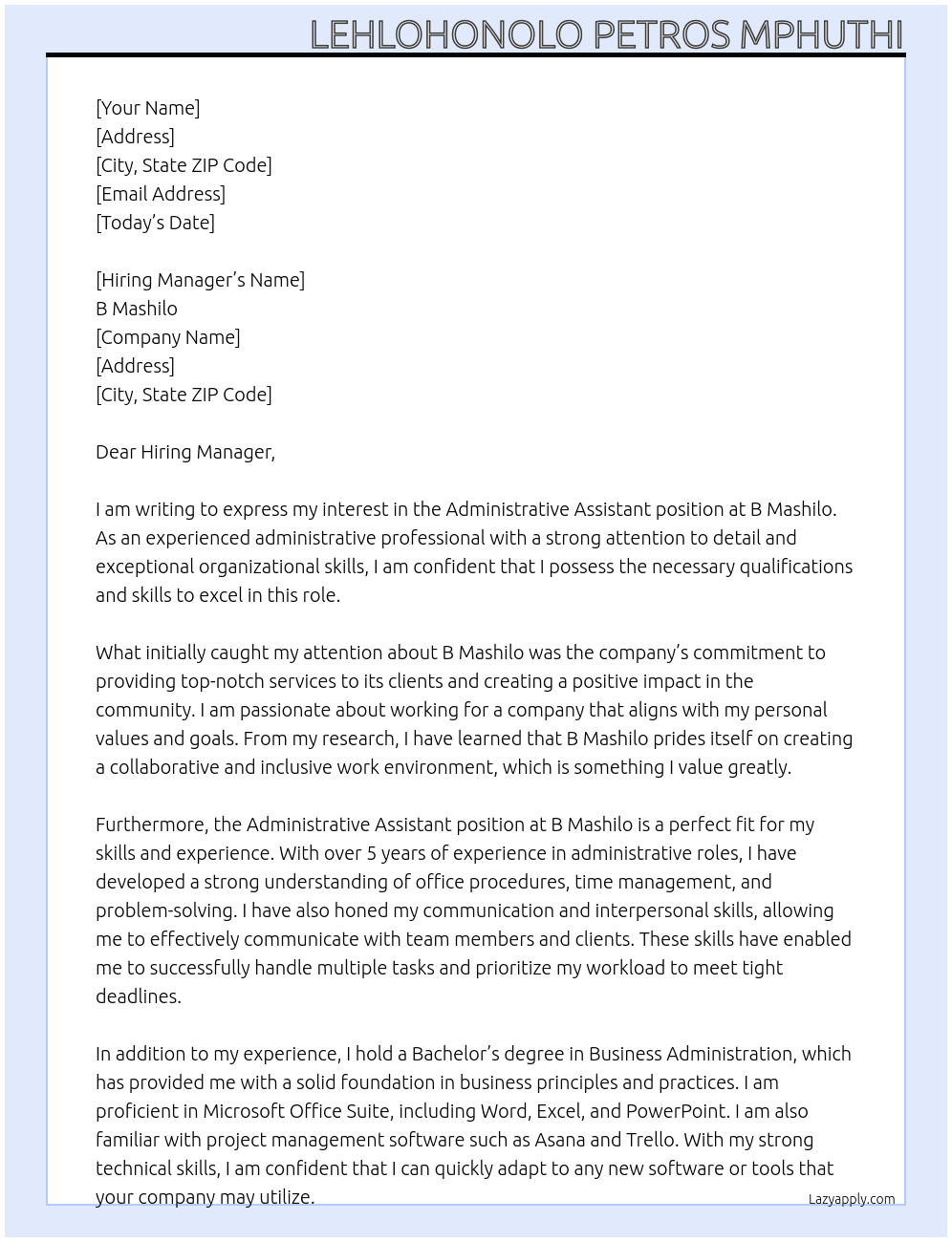 Administrative Assistant  At B Mashilo  Cover Letter