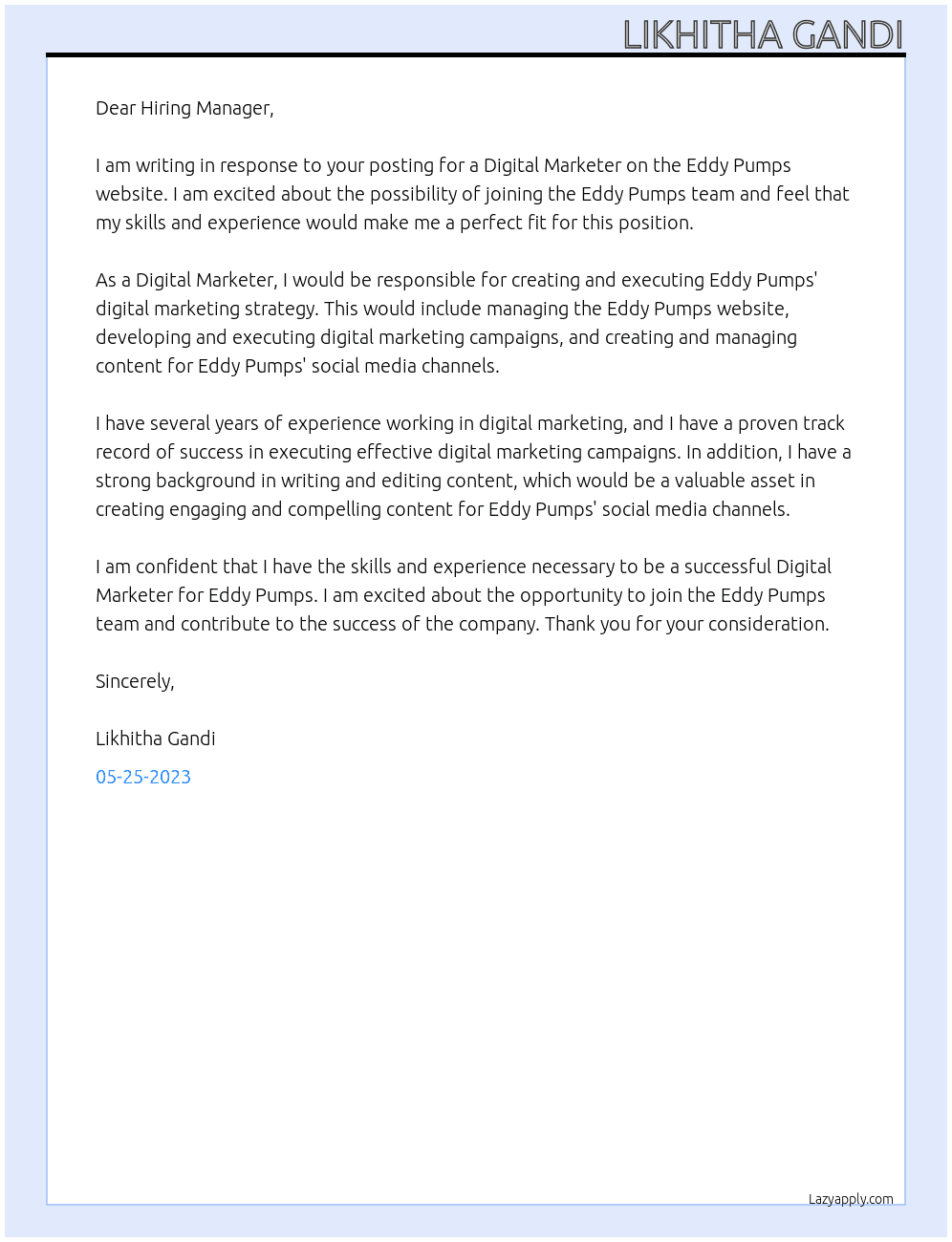 Digital Marketer At Eddy Pumps Cover Letter