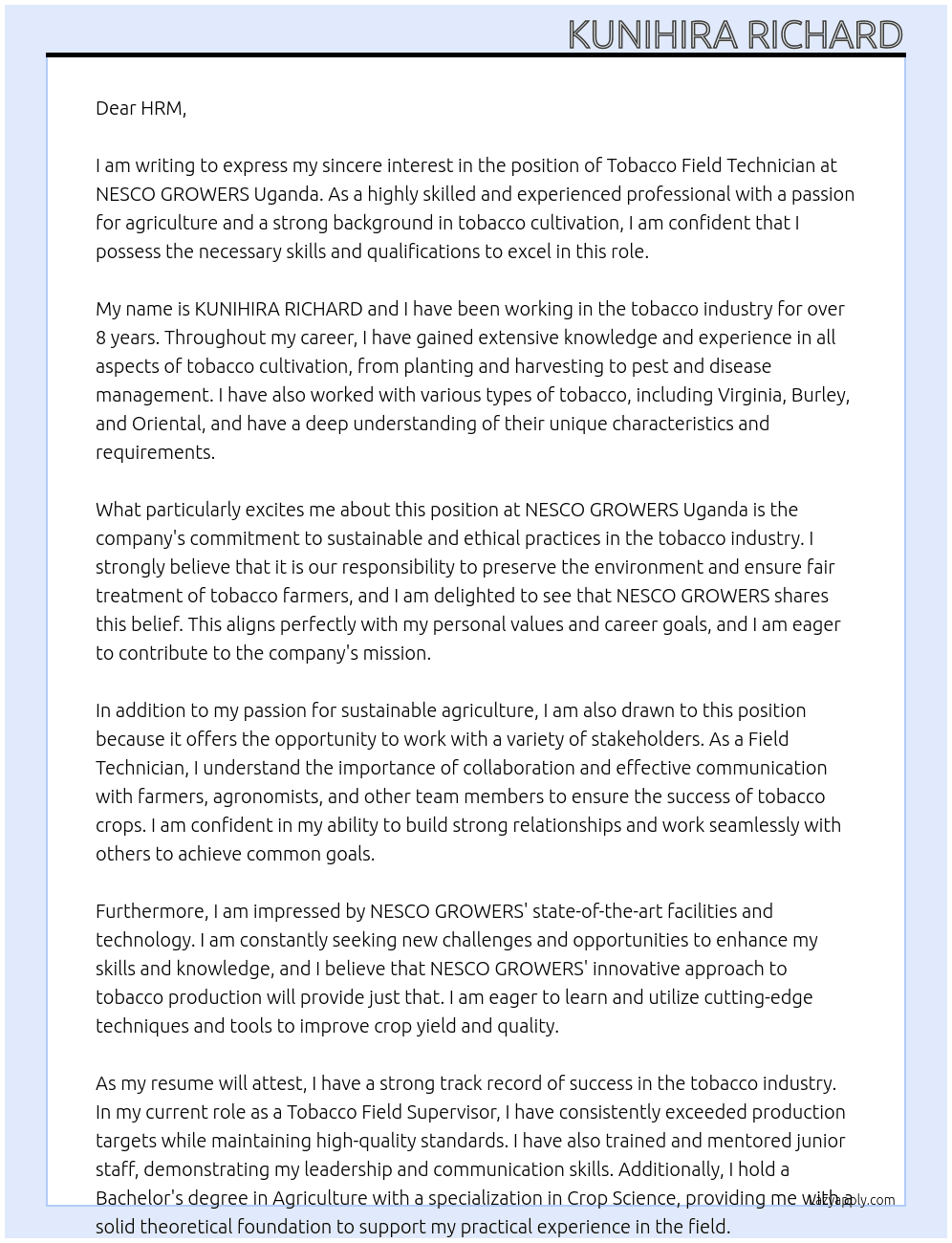 Tobacco field technician At NESCO GROWERS uGANDA Cover Letter