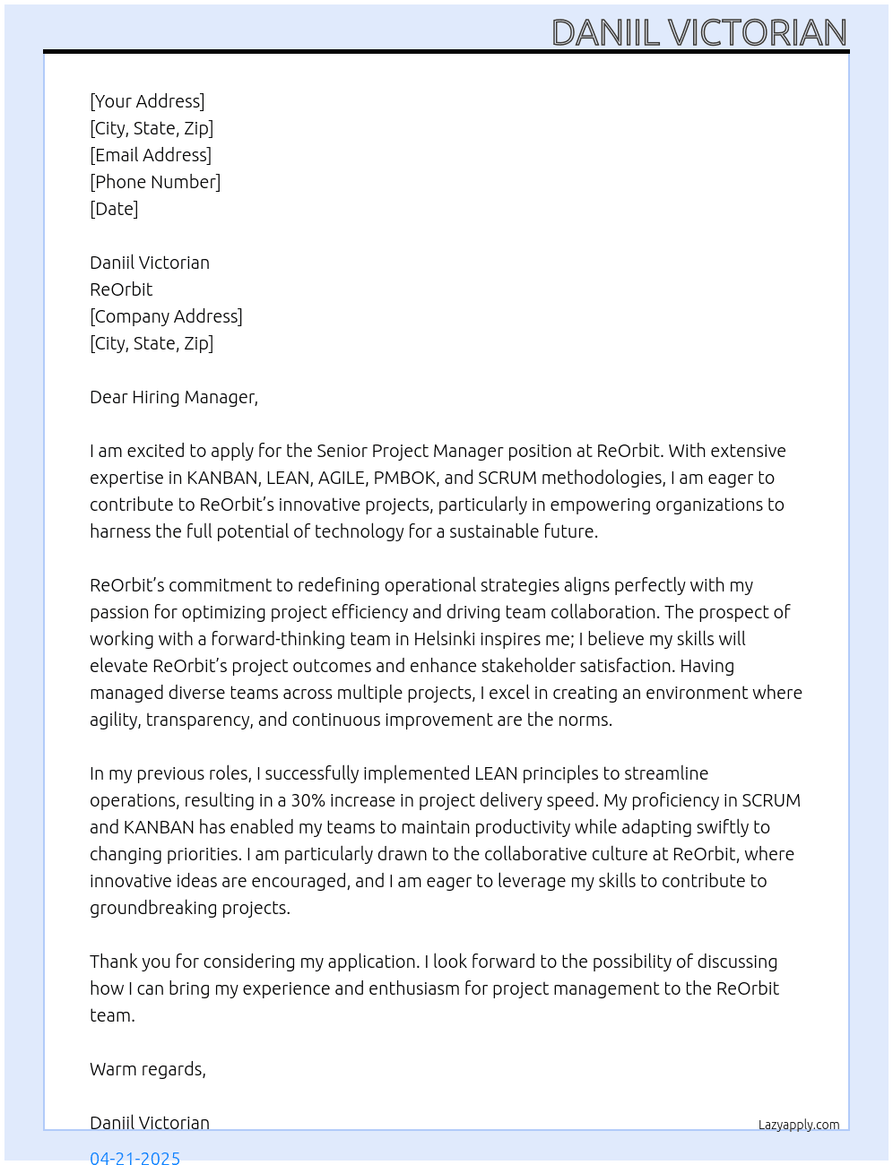 Senior Project Manager At ReOrbit Cover Letter