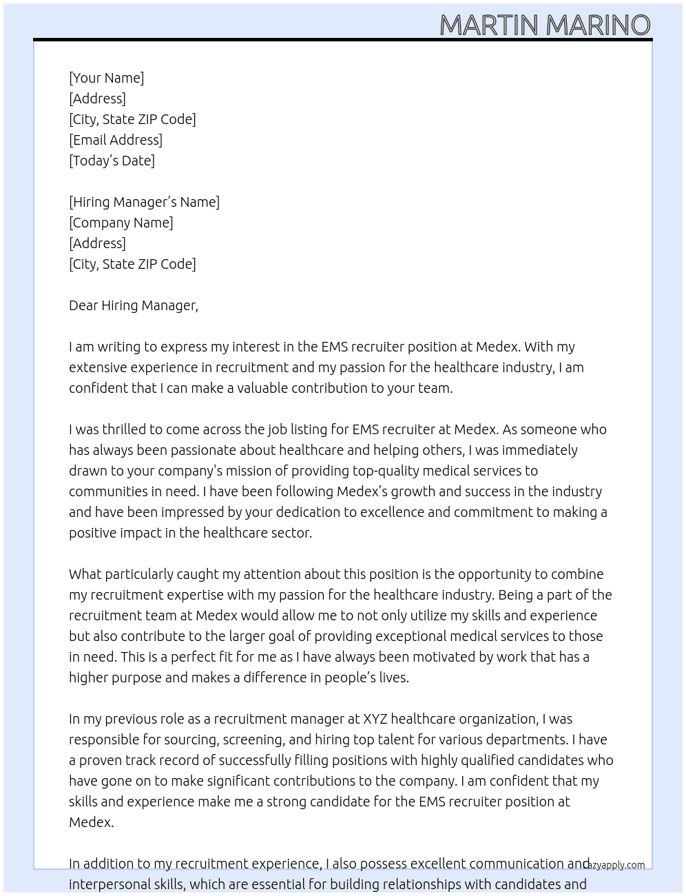 EMS recruiter At Medex Cover Letter