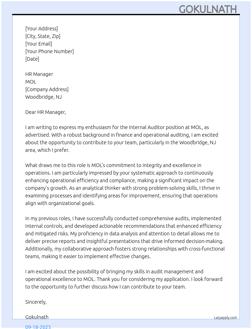 Cover letter for internal auditor - LazyApply