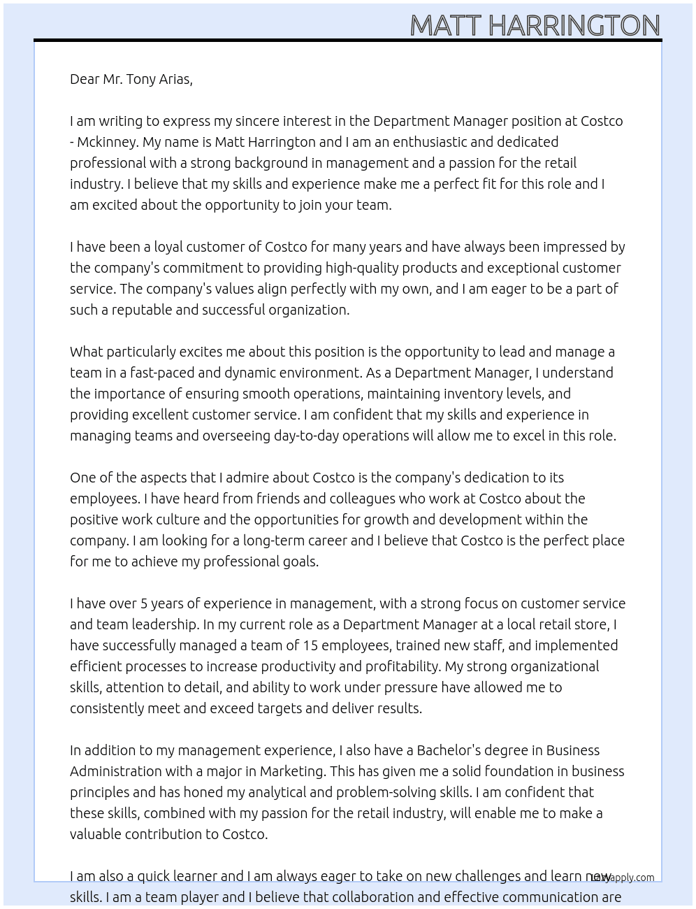 Department manager At Costco - Mckinney Cover Letter