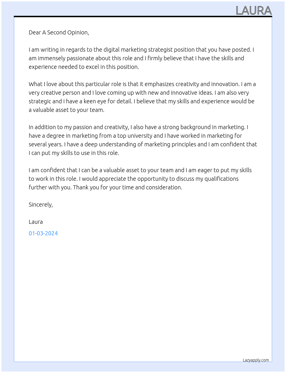 digital marketing strategist At A Second Opinion Cover Letter