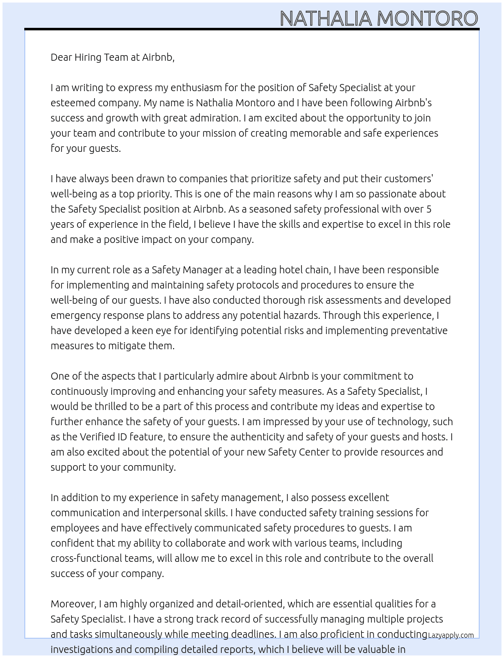 Safety Specialist At Aibnb Cover Letter