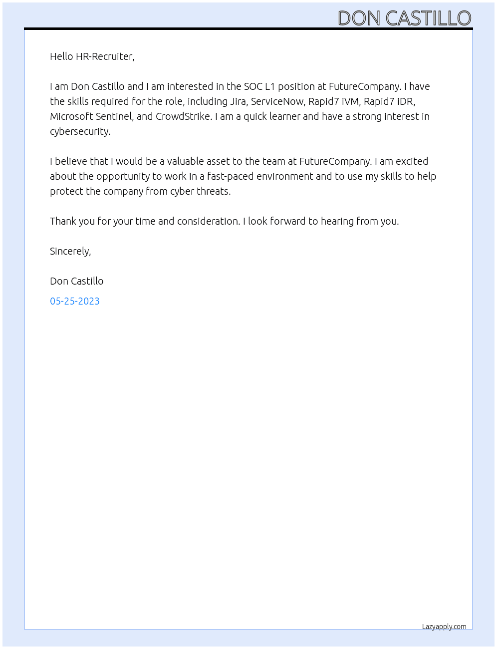 SOC L1 At FutureComany Cover Letter