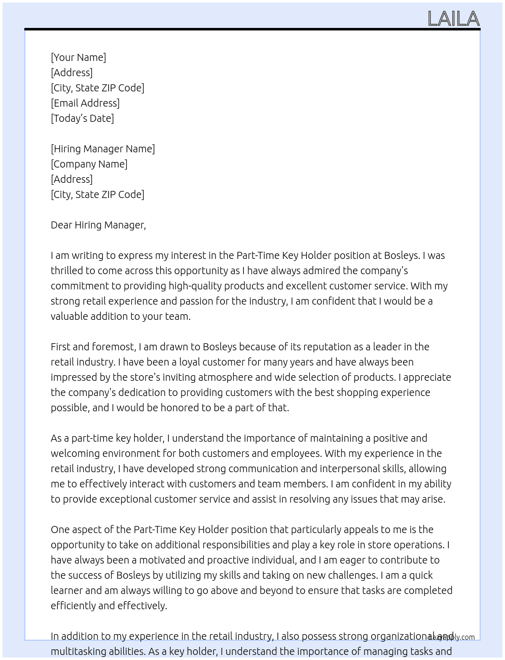 Part Time Key Holder At Bosleys  Cover Letter