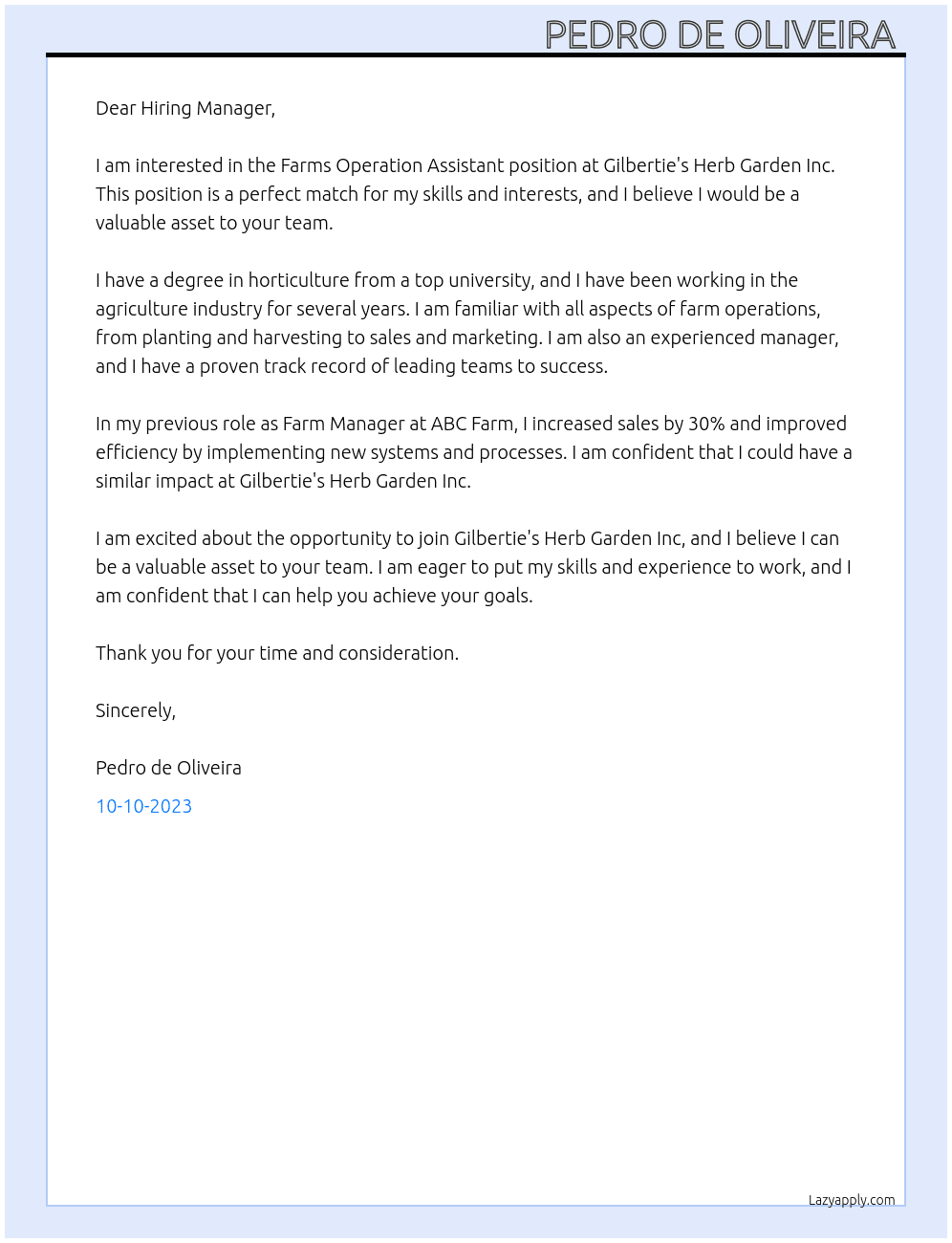 Farms Operation Assistant  At Gilbertie's Herb Garden Inc Cover Letter