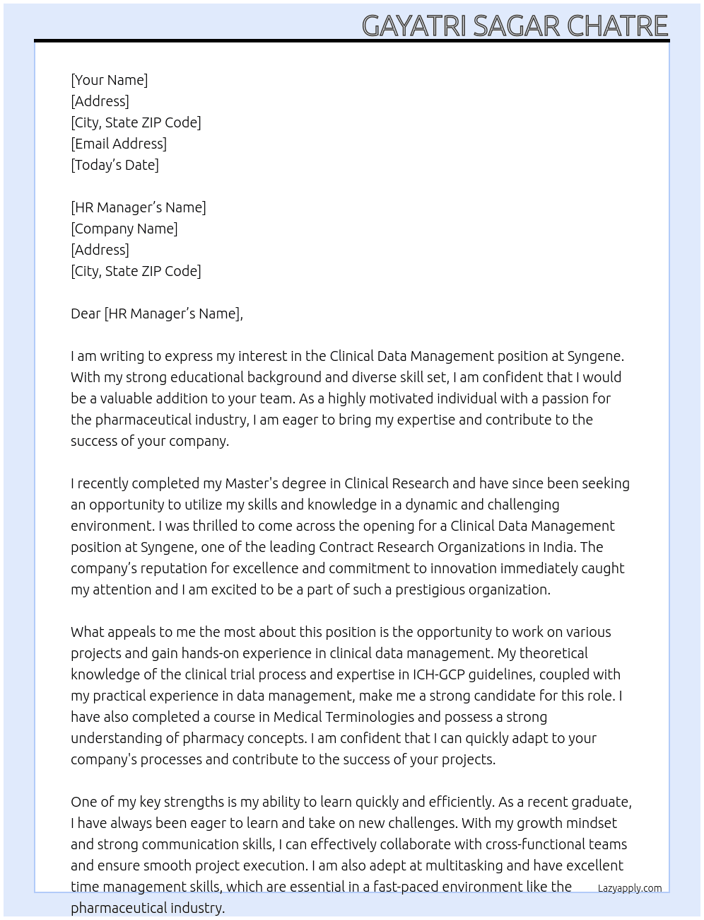 Clinical data management At Syngene Cover Letter