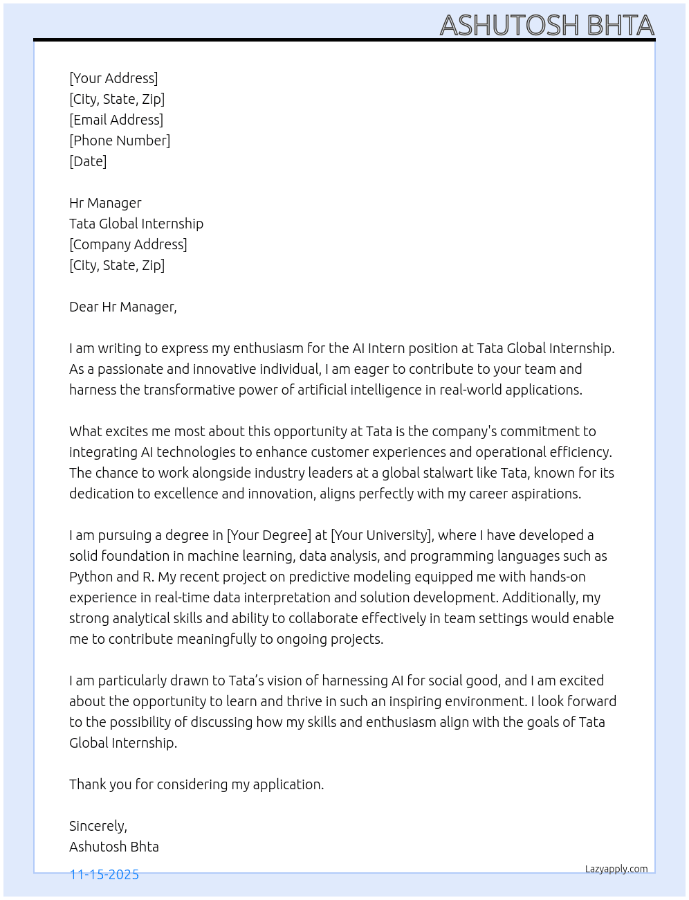 AI intern At Tata global internship Cover Letter