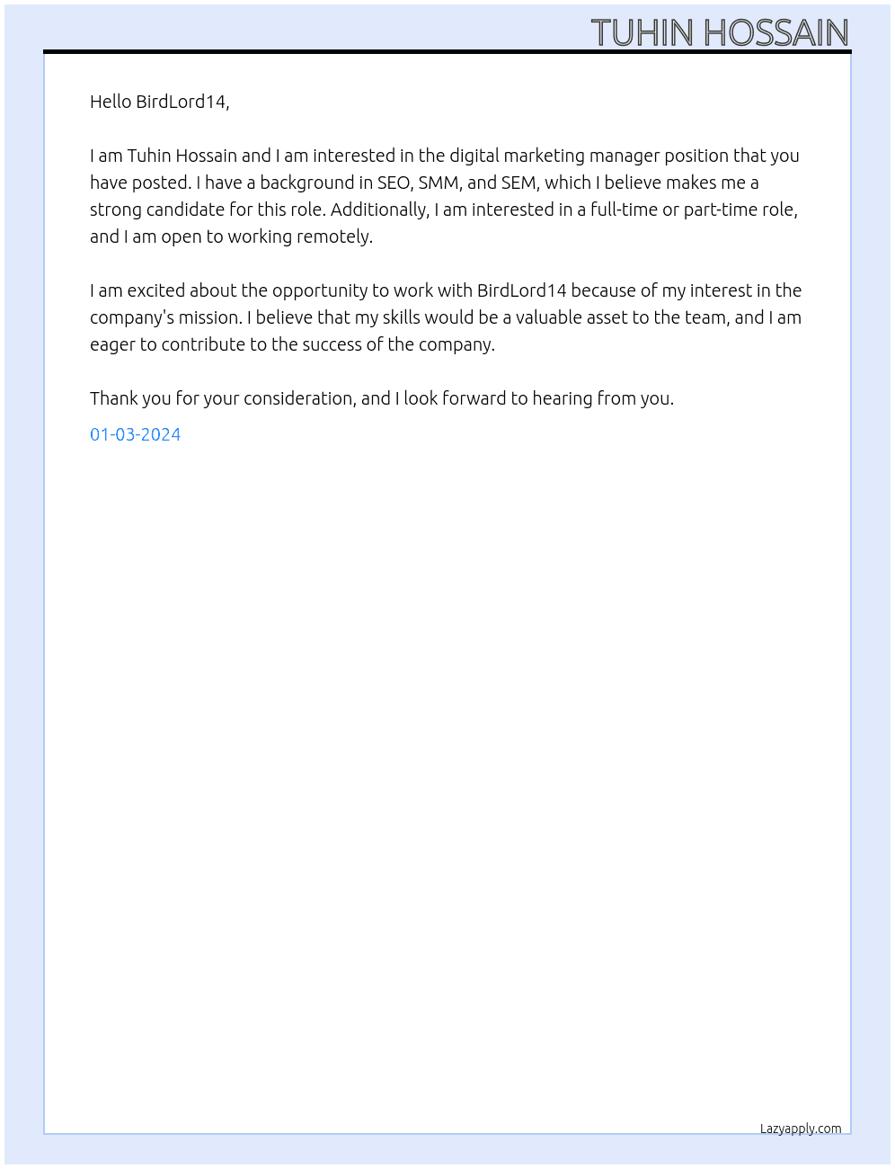 digital marketing manager At BirdLord14 Cover Letter