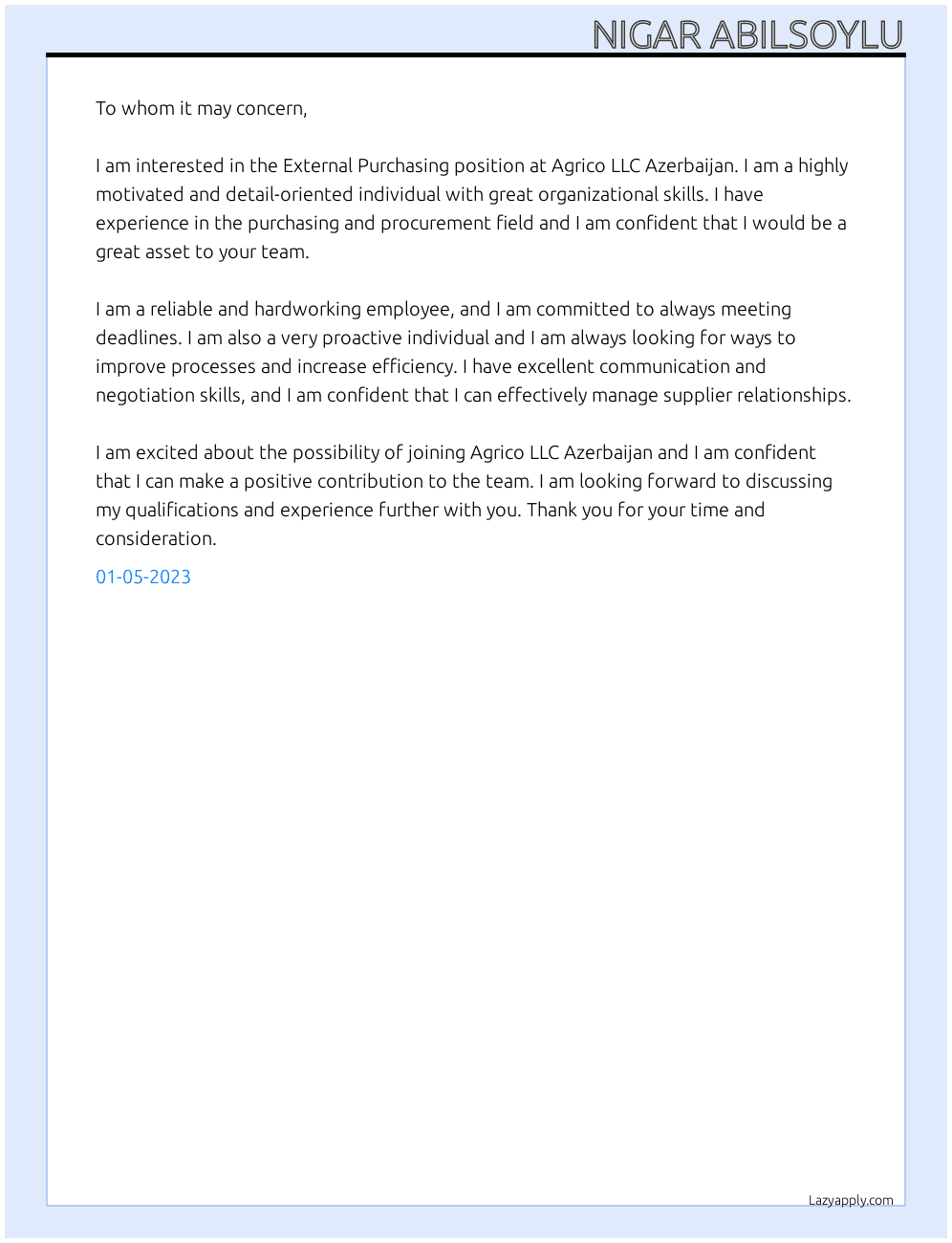 External Purchasing  At Agrico LLC Azerbaijan Cover Letter