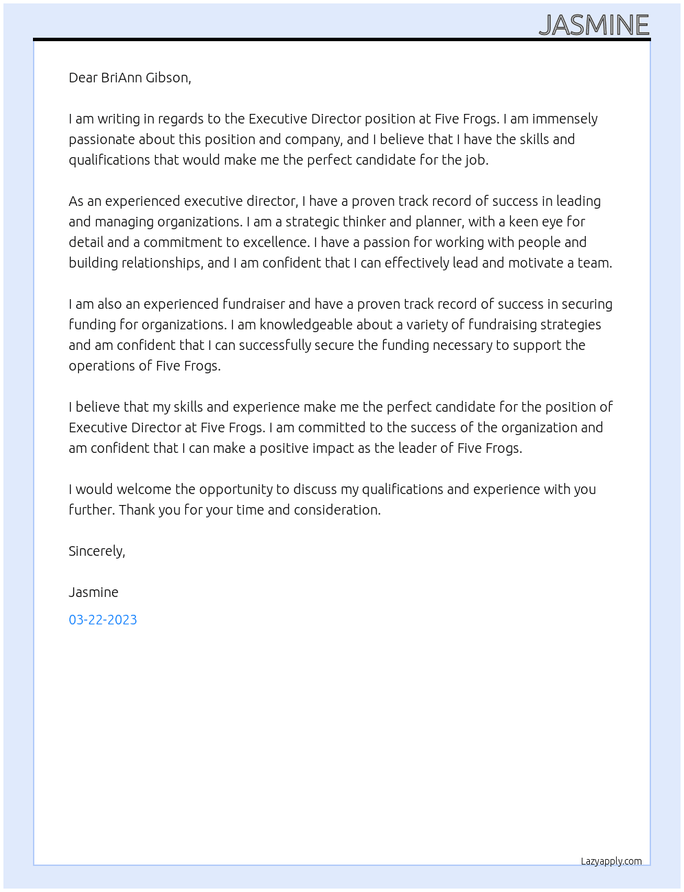 Executive Director At Five Frogs Cover Letter