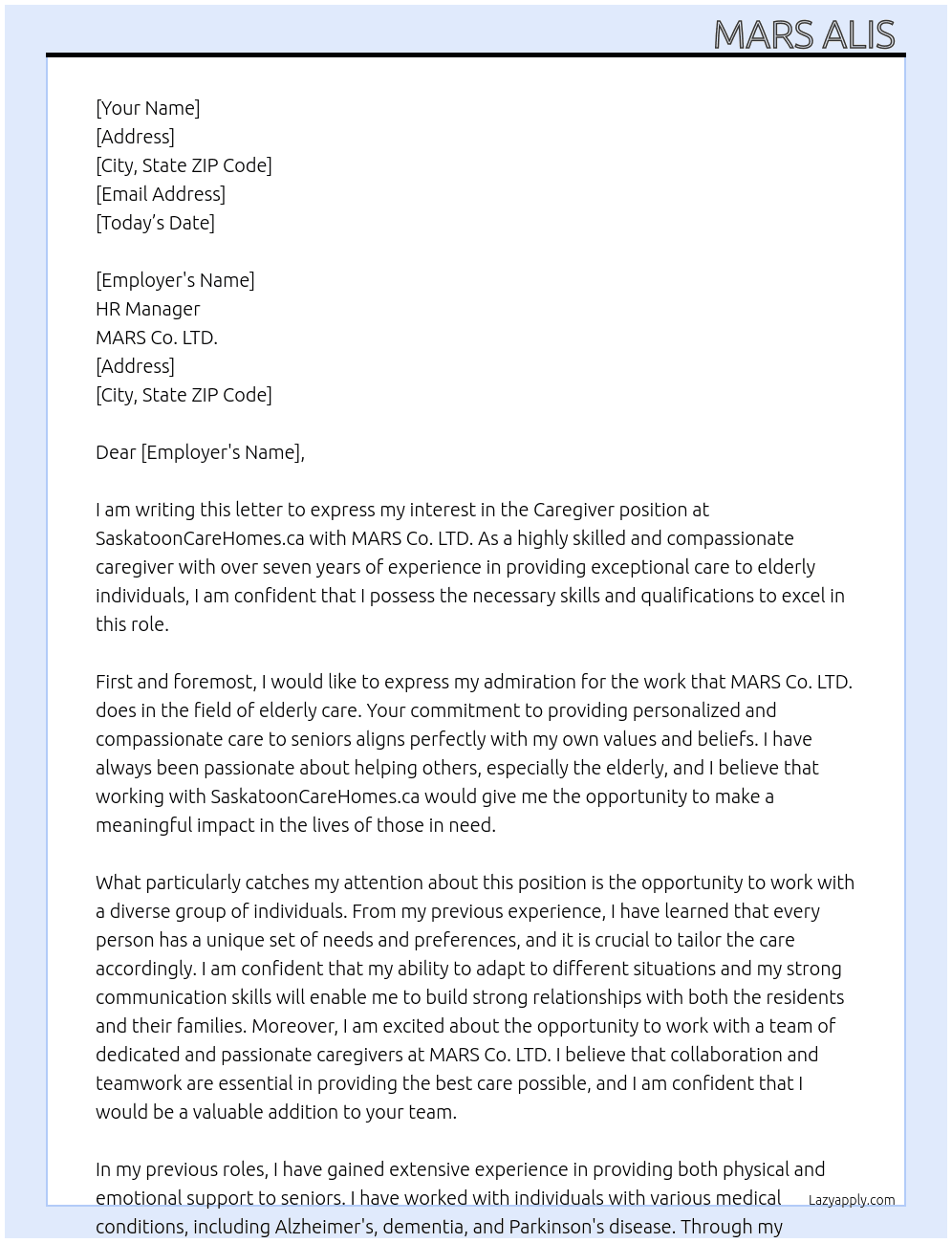 Caregiver At SaskatoonCareHomes.ca Cover Letter