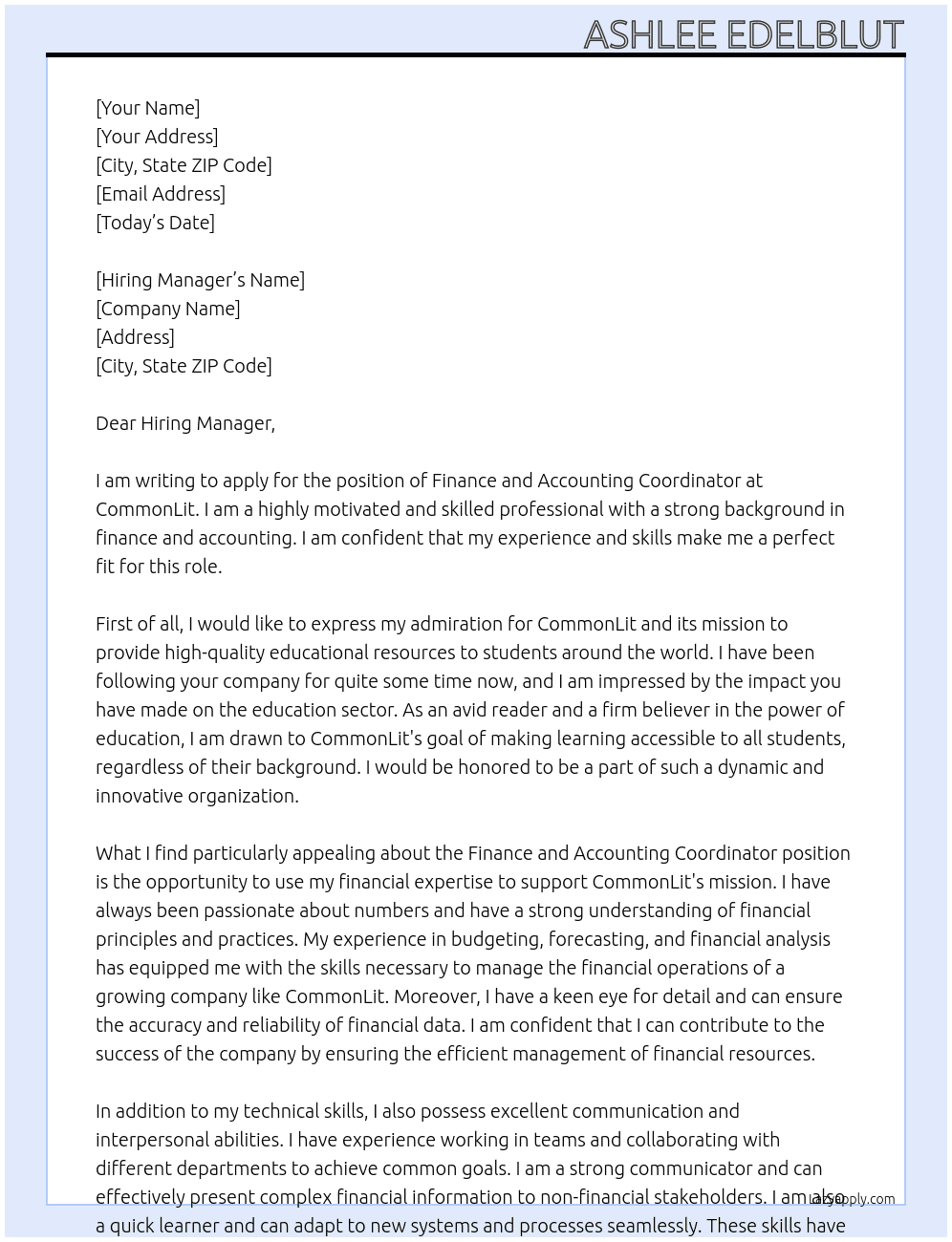 Finance and Accounting Coordinator At CommonLit Cover Letter