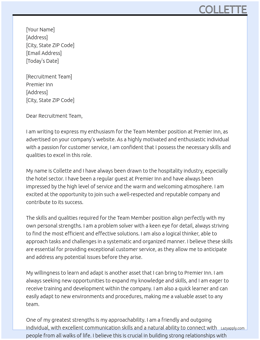 Team Member  At Premier Inn Cover Letter