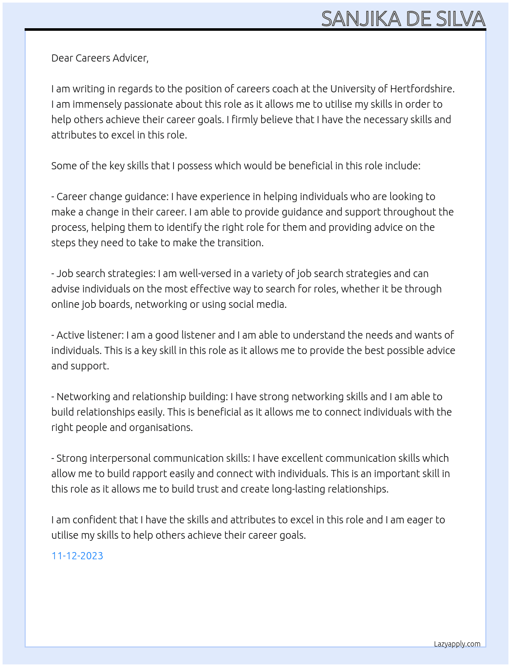 careers Coach At University of Hertfordshire Cover Letter