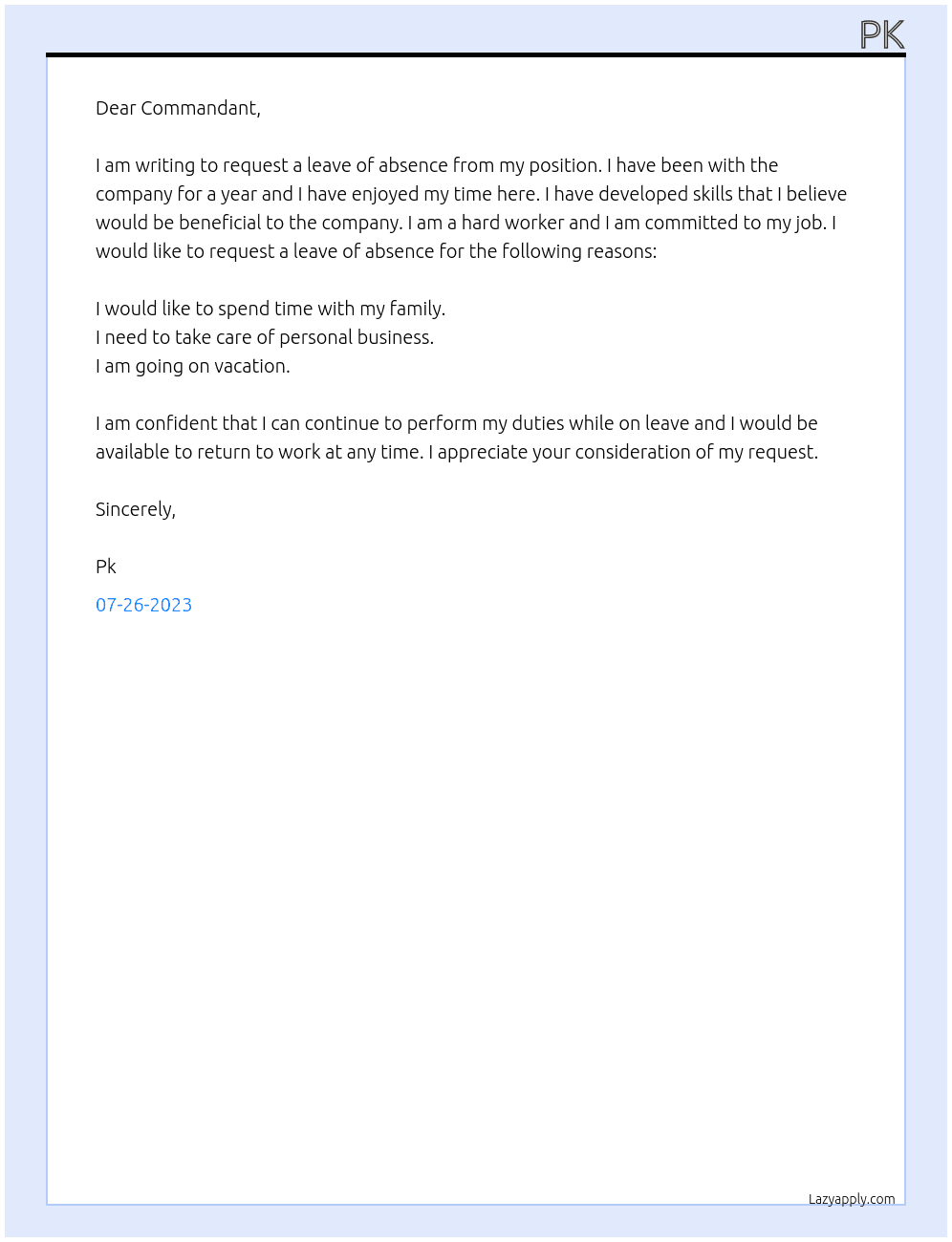 Request for leave  At Leave  Cover Letter