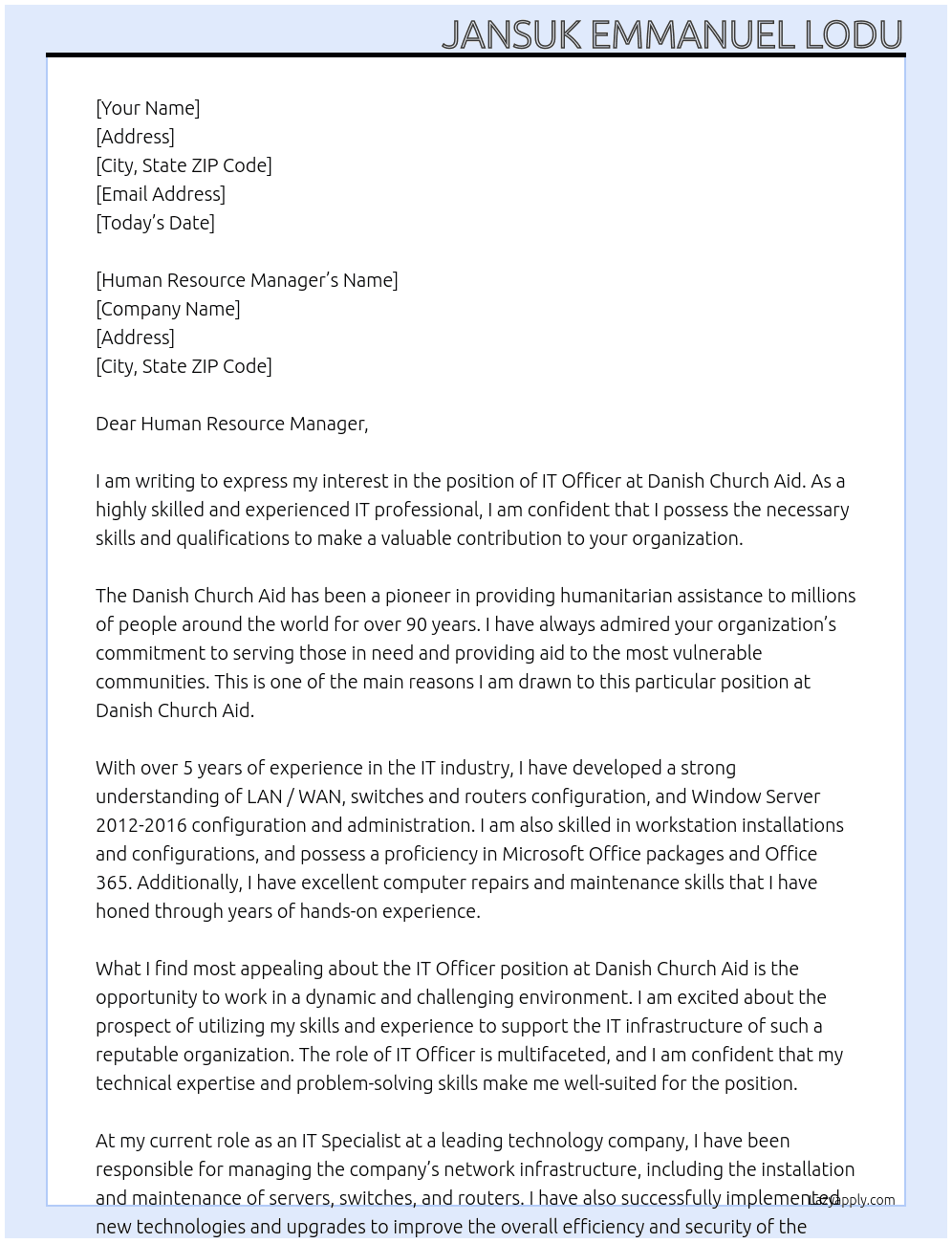 IT Officer At Danish Church Aid Cover Letter