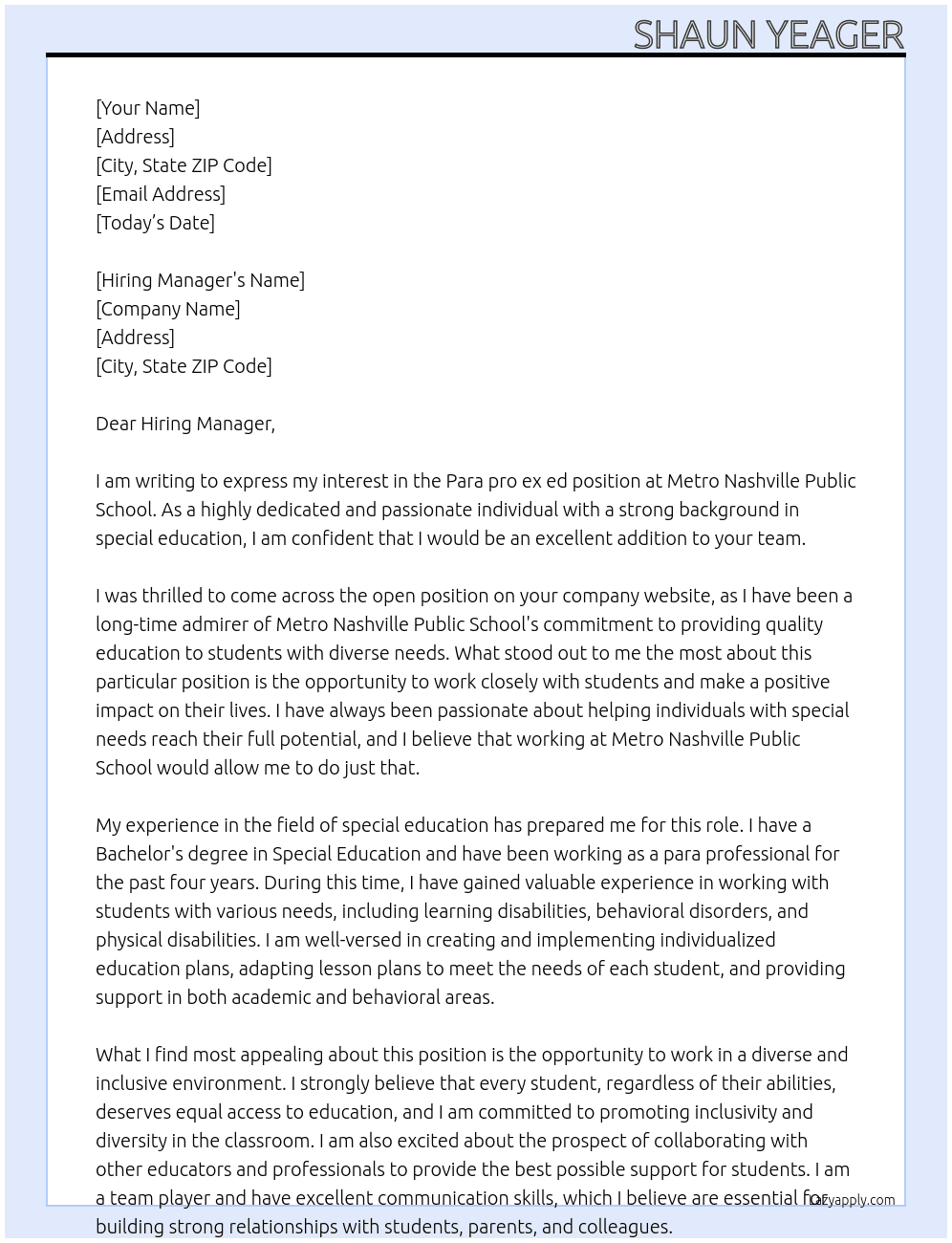 Para pro ex ed At metro nashville public school Cover Letter