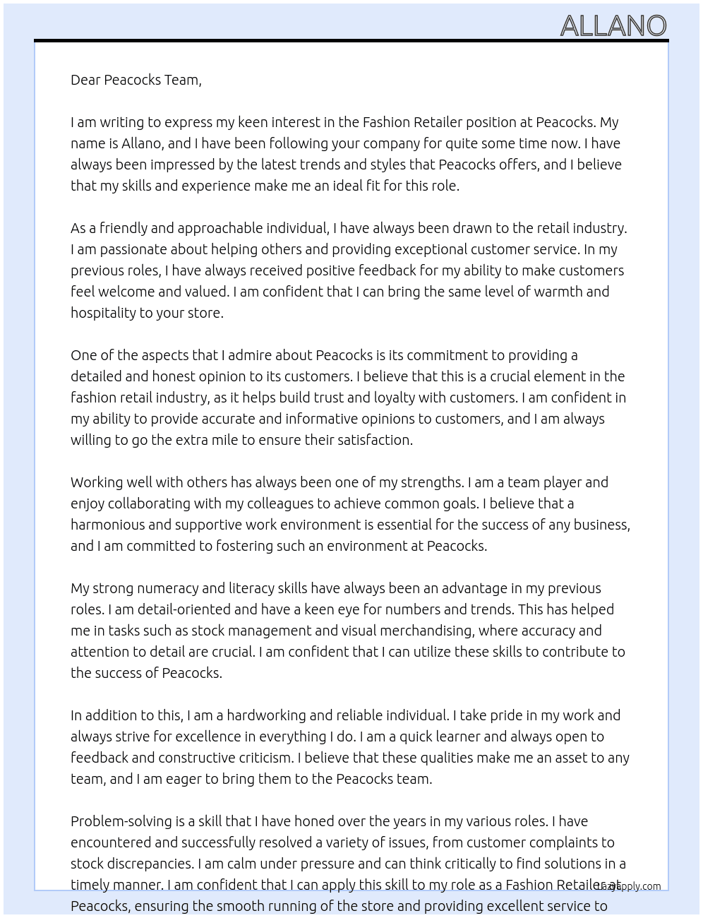 Fashion Retailer At Peacocks Cover Letter