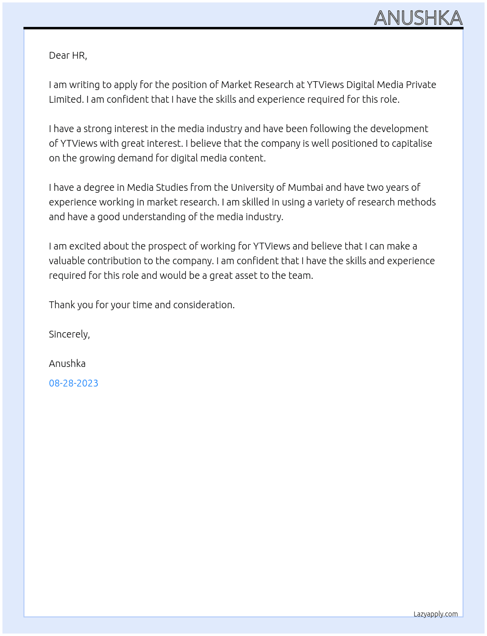  Market Research  At YTViews Digital Media Private Limited Cover Letter