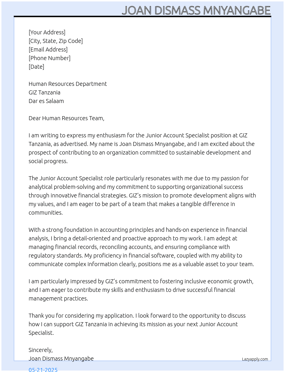 Junior Account Specialist  At Giz Tanzania  Cover Letter