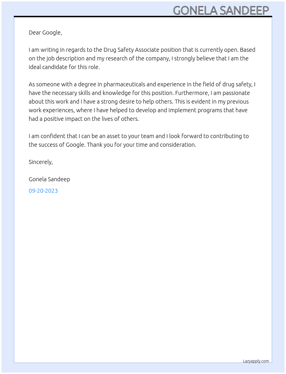 Drug safety associate  At Google Cover Letter