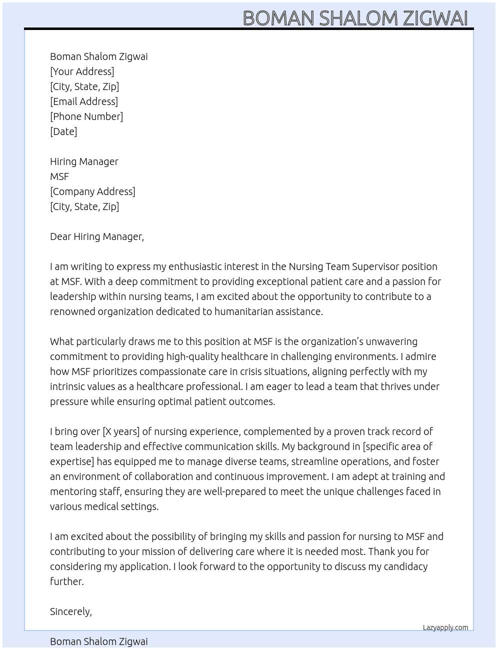 Cover letter for nursing team supervisor - LazyApply
