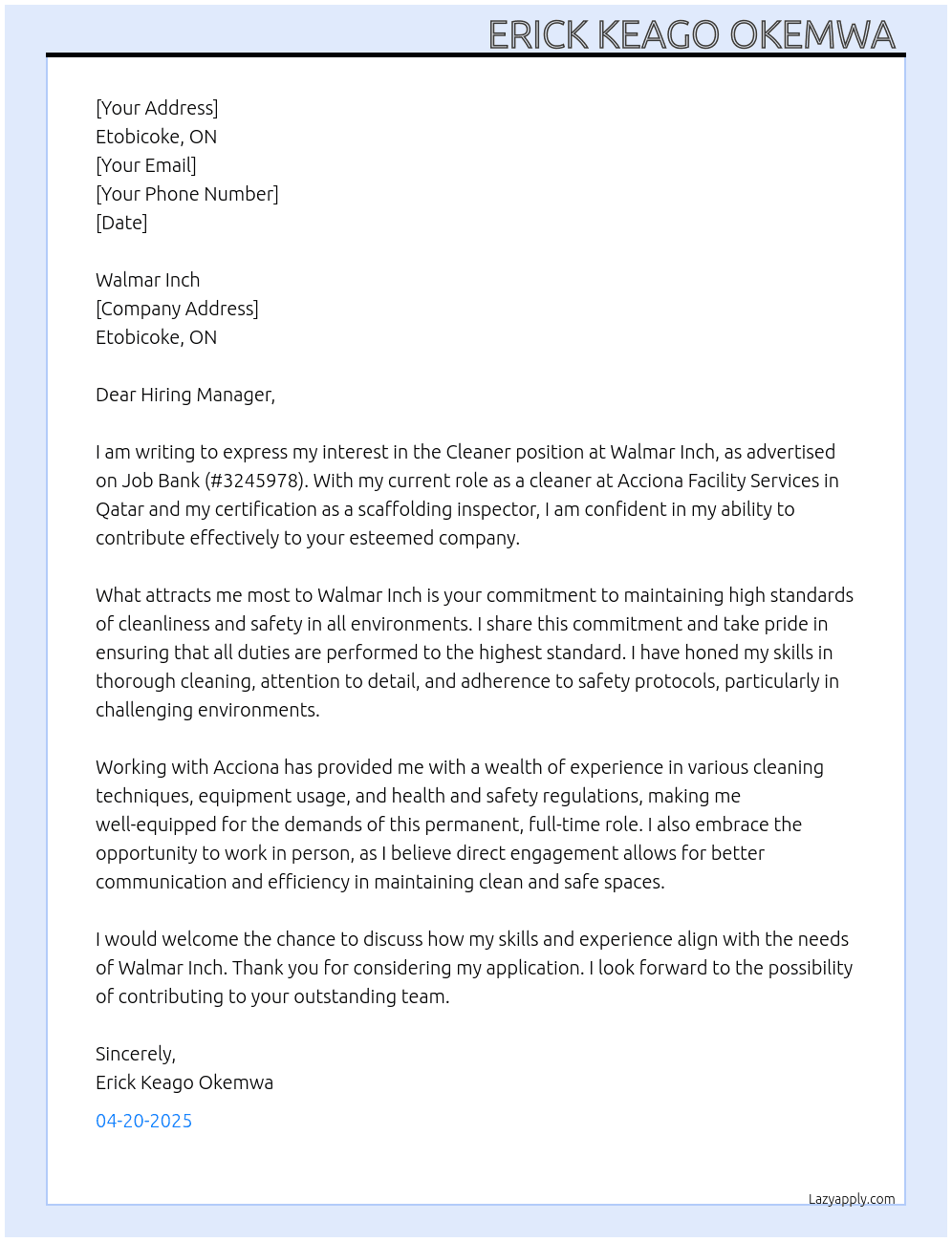 Cleaner  At Walmar Inch  Cover Letter