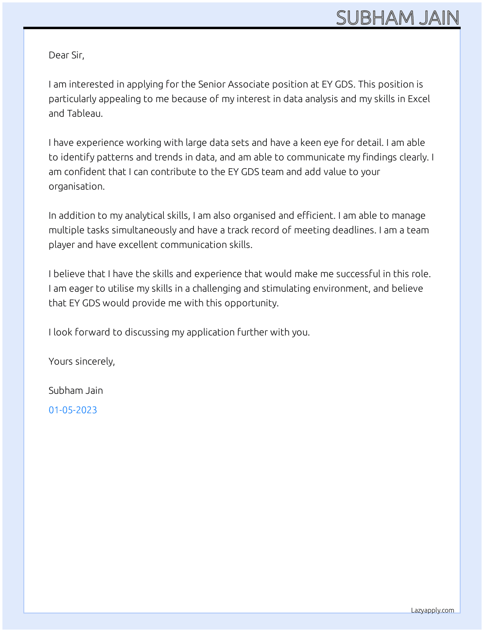 Senior Associate At EY GDS Cover Letter