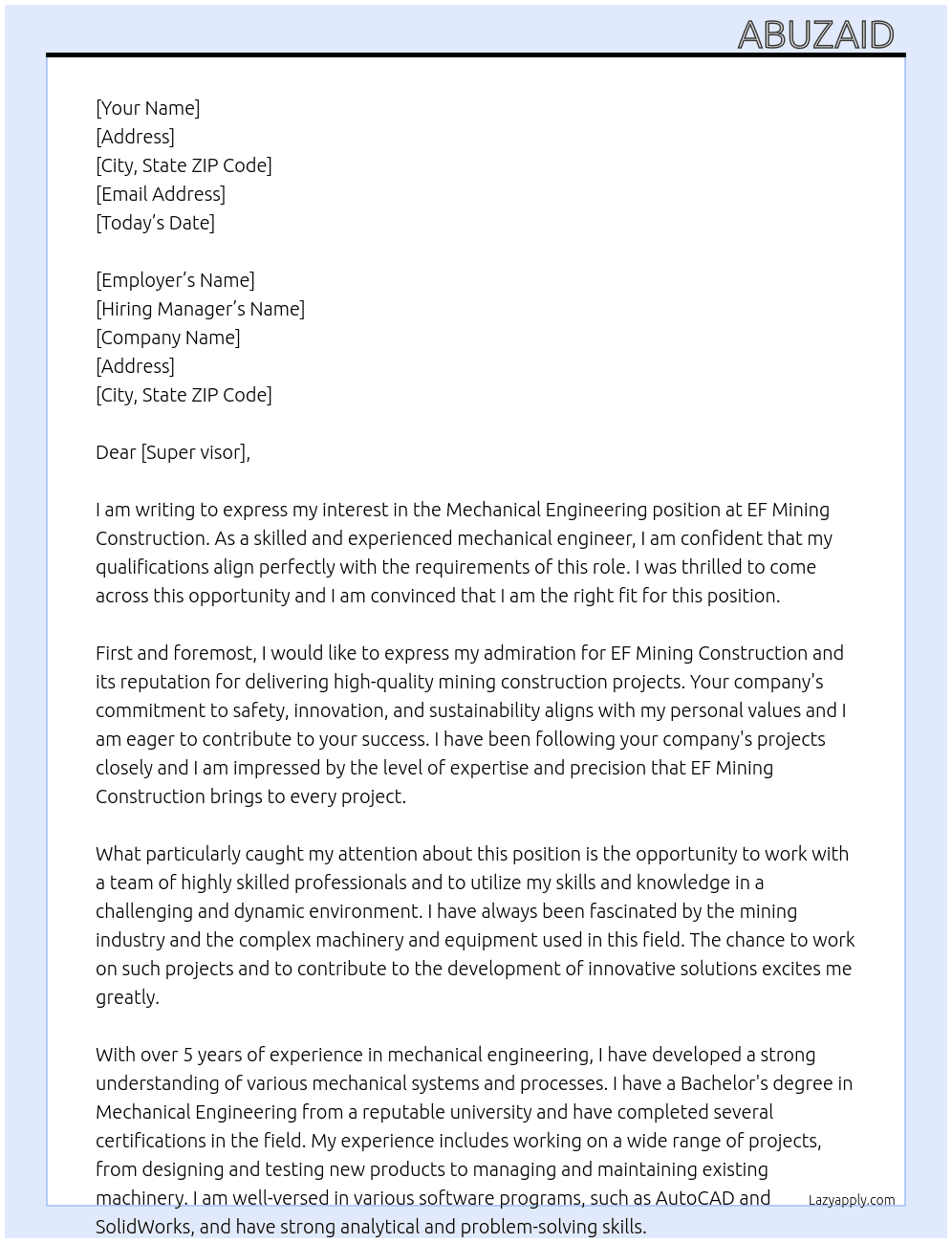 Mechanical engineering  At Ef mining construction  Cover Letter