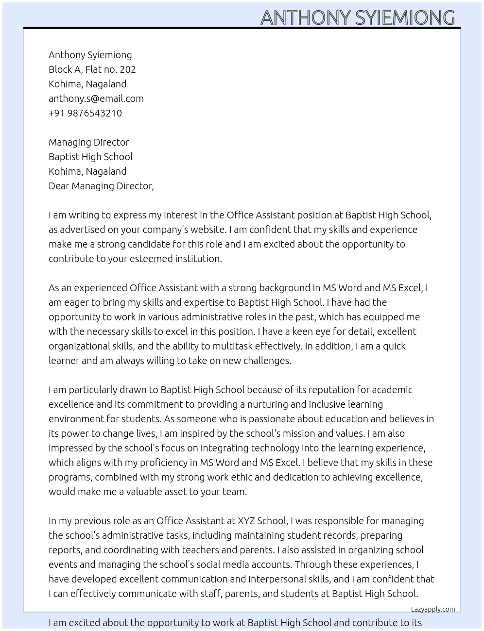 Office assistant  At Baptist high school Cover Letter