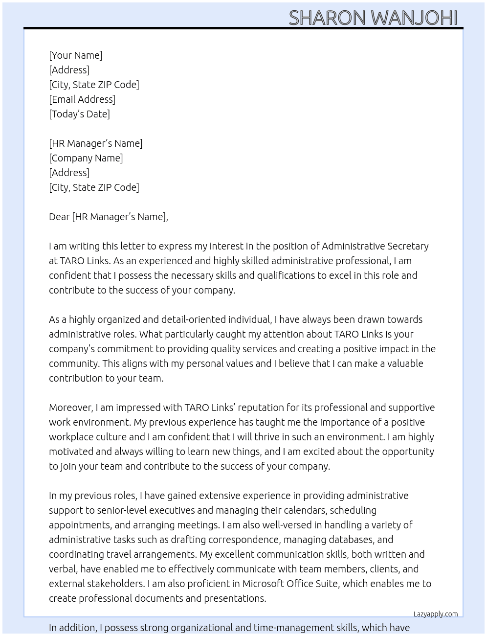 Administrative Secretary  At TARO Links  Cover Letter