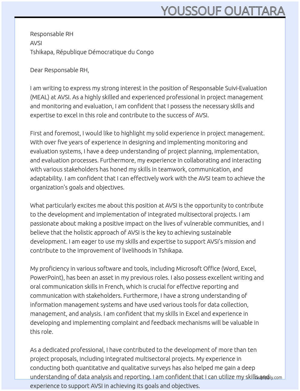 Responsable Suivi-Evaluation (MEAL) At AVSI Cover Letter