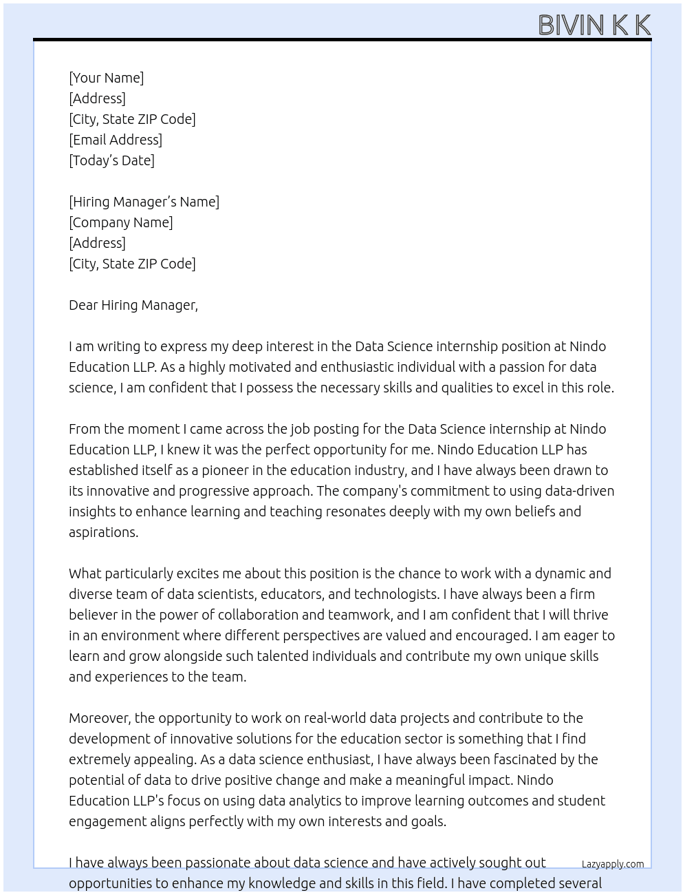 Data Science internship At Nindo Education LLP Cover Letter
