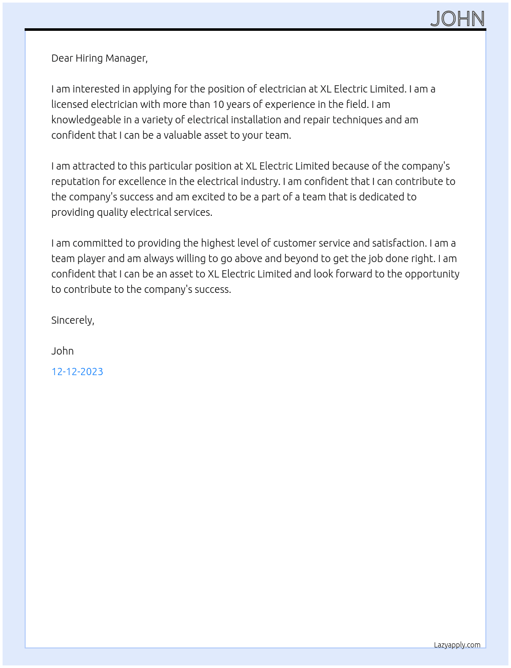 Electrician At XL Electric Limited Cover Letter