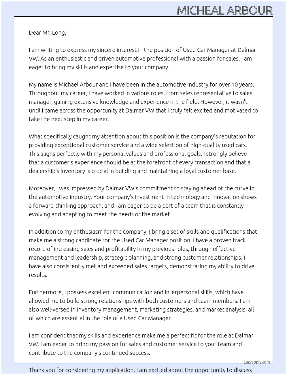 Used car manager At Dalmar VW Cover Letter