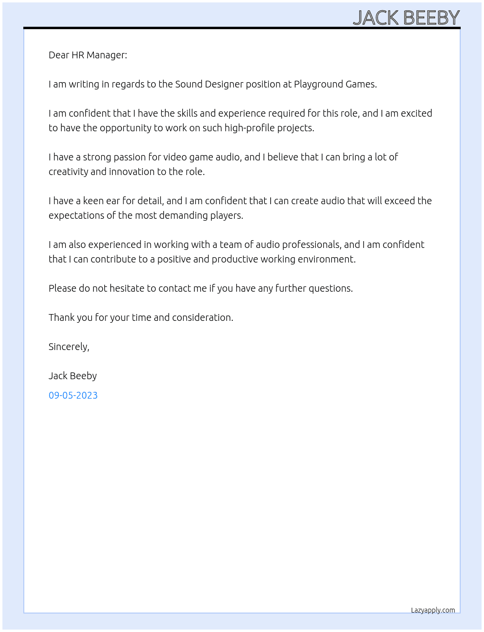 Sound Designer At Playground Games Cover Letter