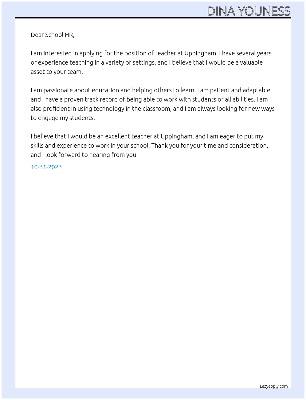 teacher At Uppingham Cover Letter