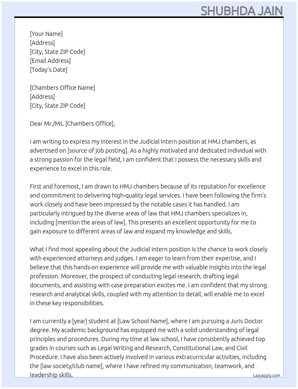 Judicial Intern At HMJ chambers Cover Letter
