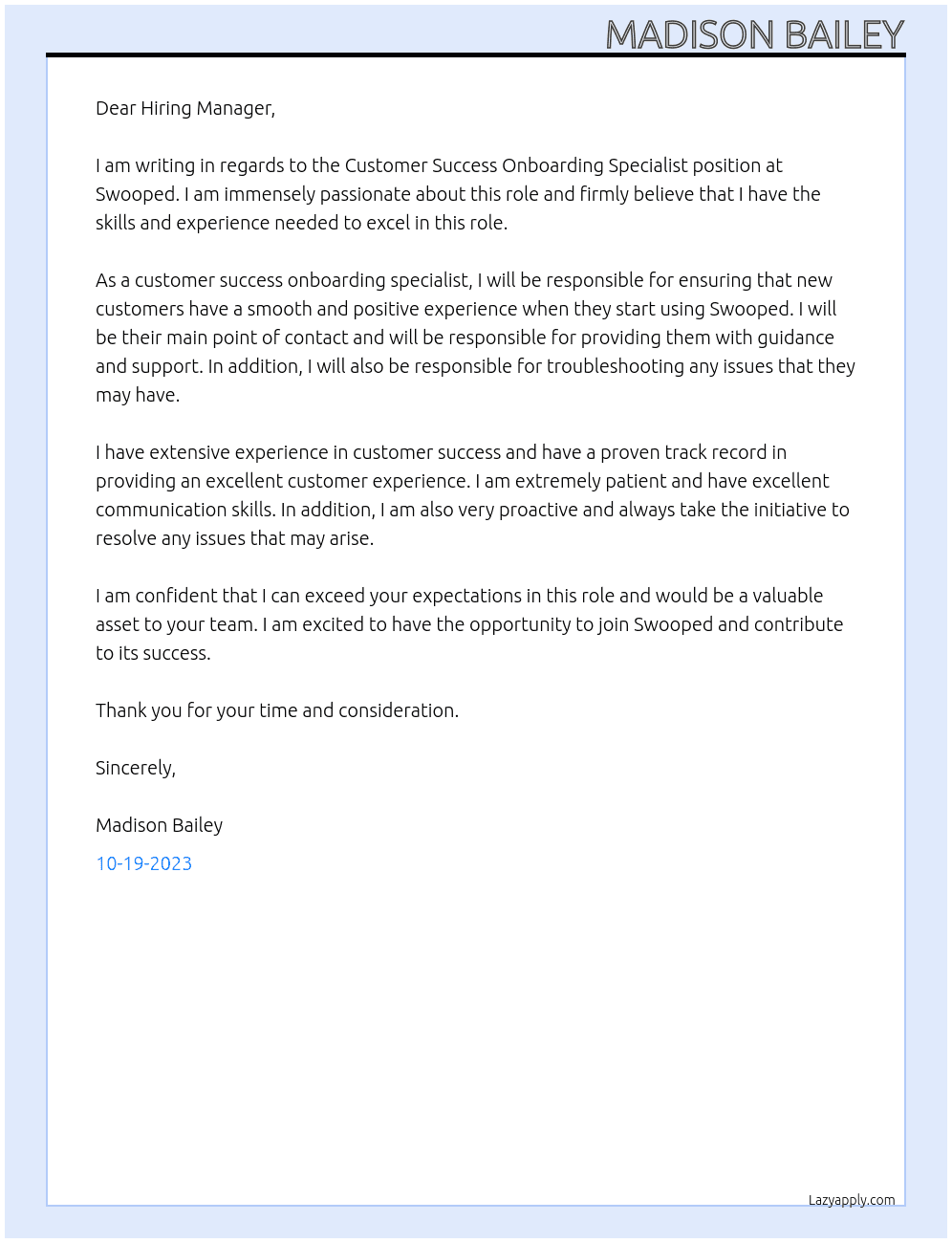 Customer Success Onboarding Specialist  At Swooped Cover Letter