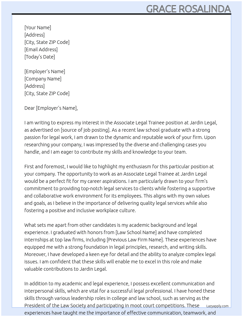 Associate Legal Trainee At Jardin Legal Cover Letter