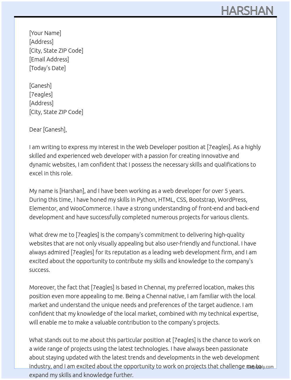 Web developer At 7eagles  Cover Letter