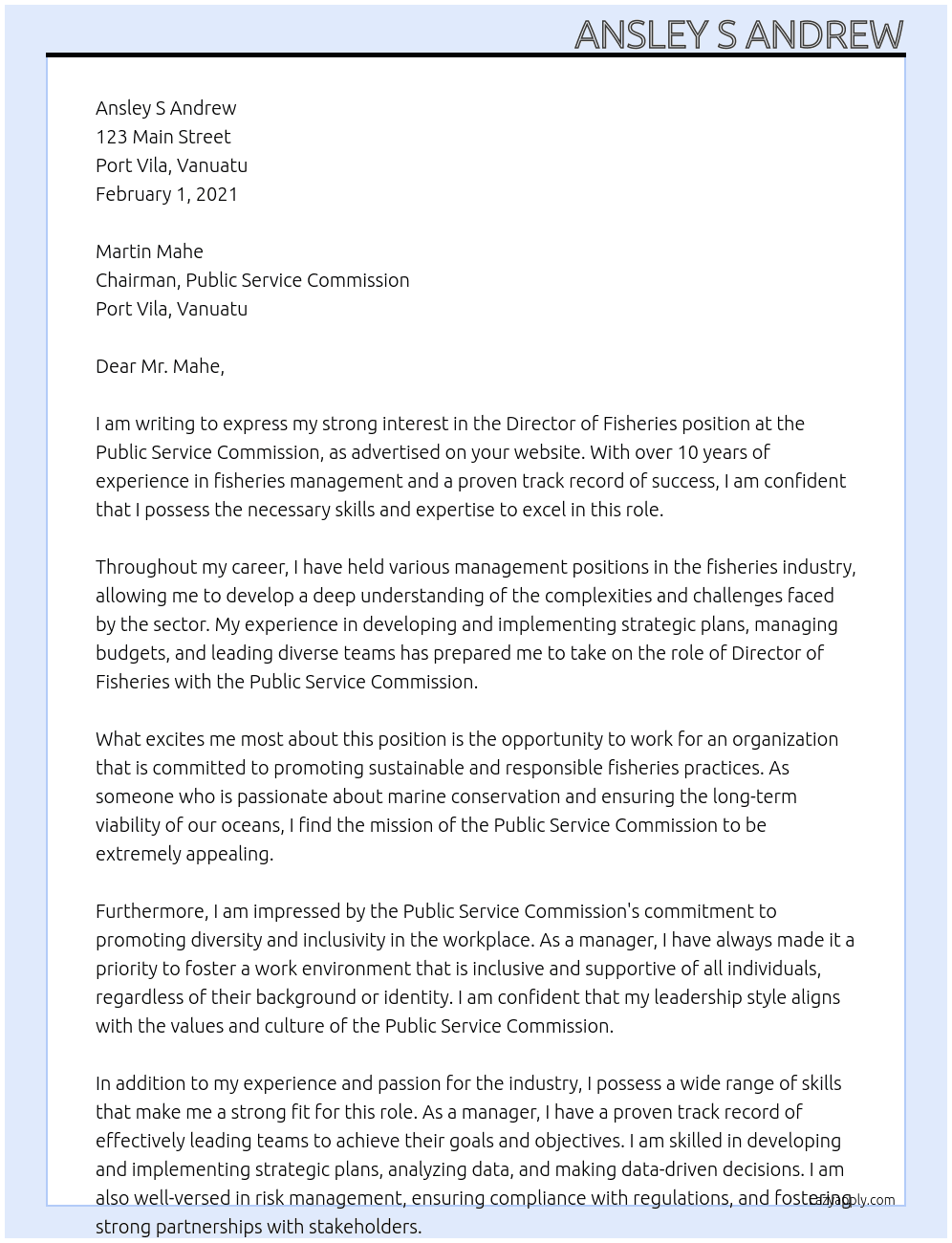 Cover letter for director of fisheries - LazyApply