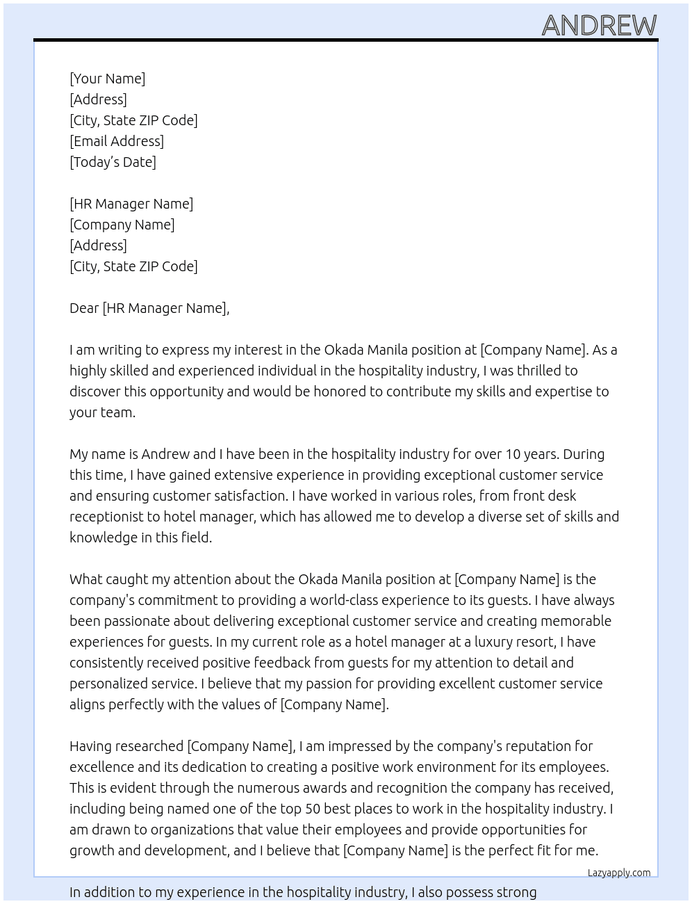okada manila At Play Coach Cover Letter