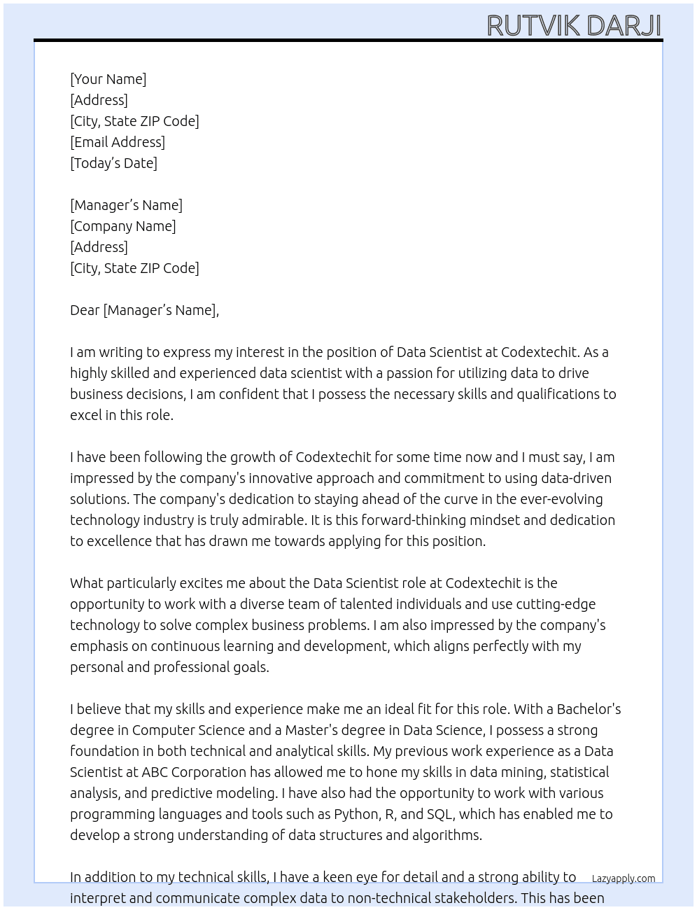 Data Scientist At Codextechit Cover Letter