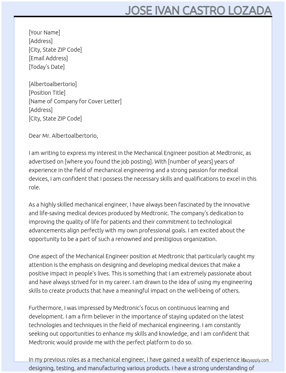 Mechanical Engineer  At Medtronic Cover Letter