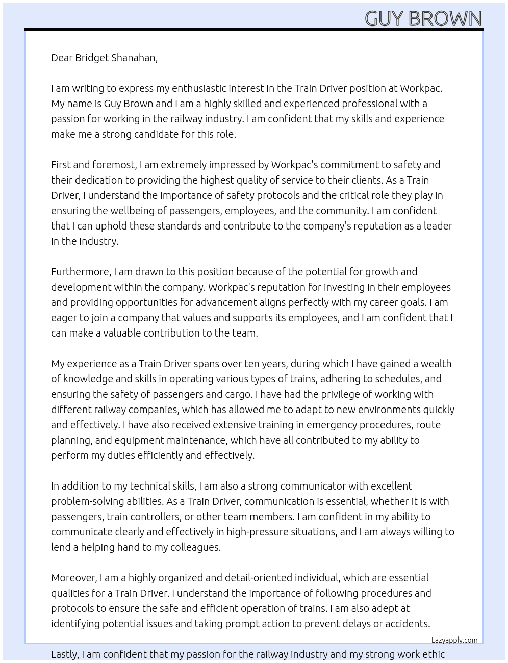 Train Driver At Workpac Cover Letter