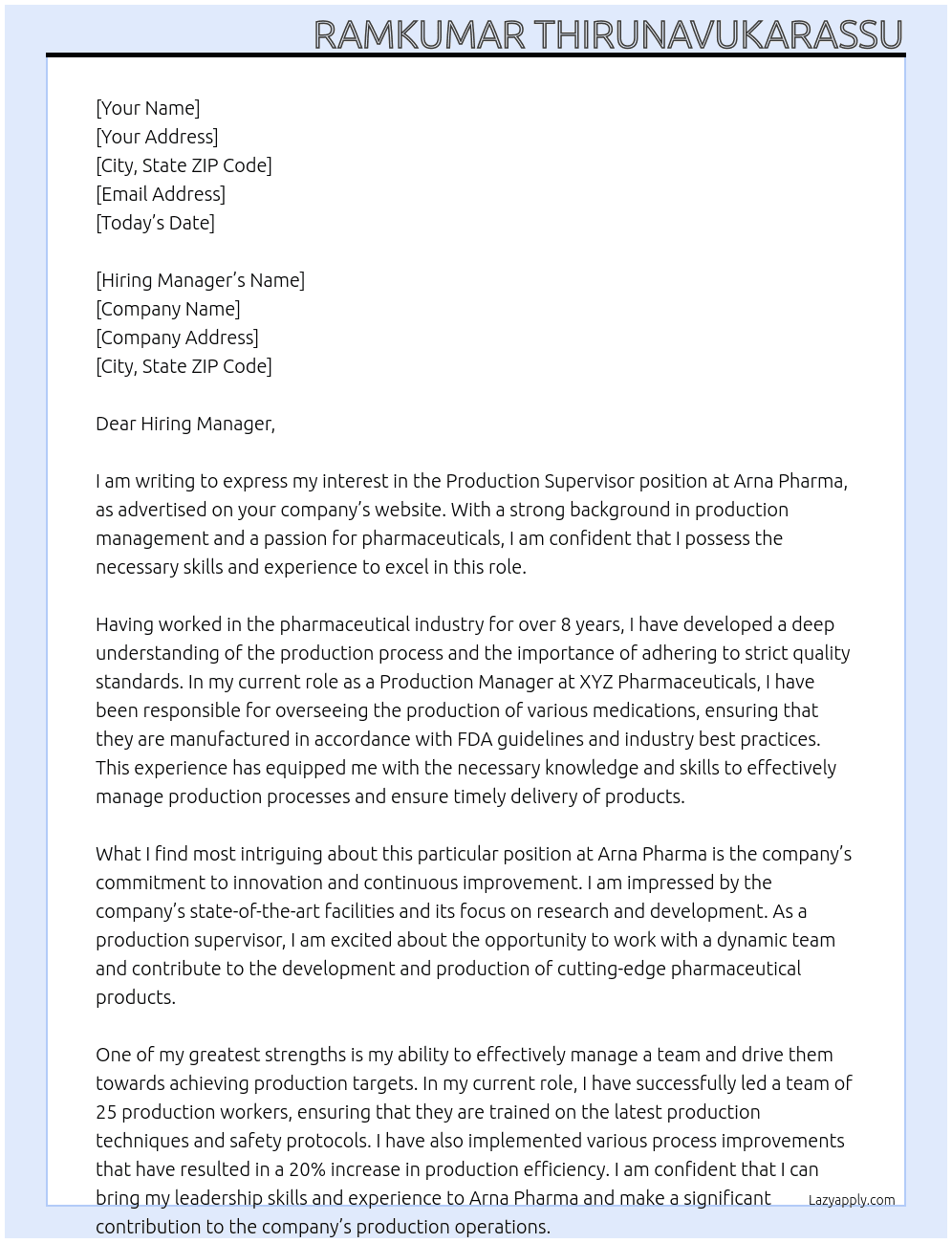 Production Supervisor At Arna Pharma Cover Letter